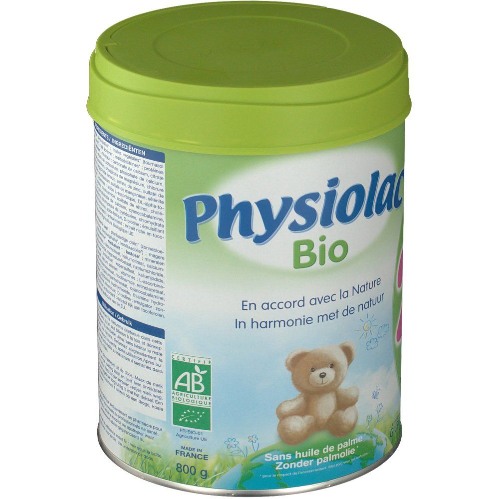 Physiolac Bio 2 melkpoederblik. Groen-wit blik met deksel. Opschrift: Physiolac Bio, 2, 6-12 maanden. AB Bio-keurmerk.