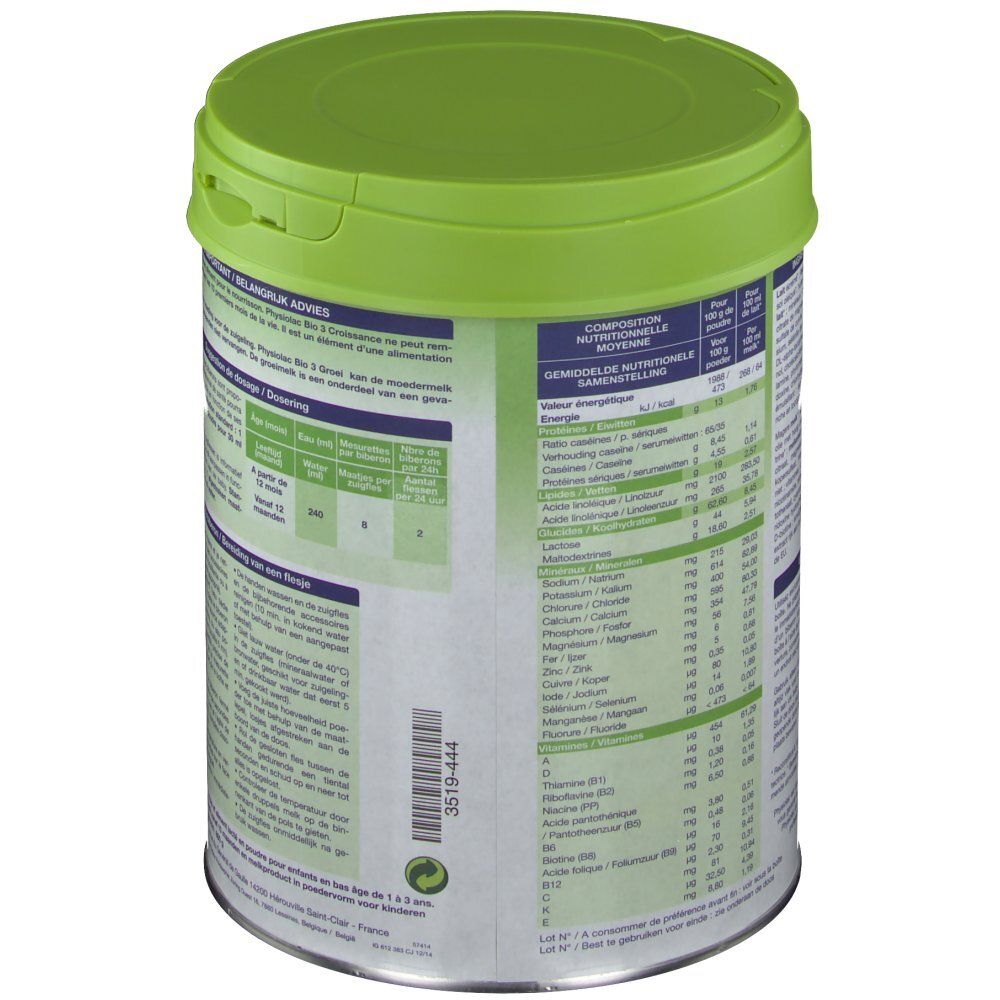 Dos de la boîte Physiolac Bio 3. Contient les informations nutritionnelles et les ingrédients. Couvercle vert.