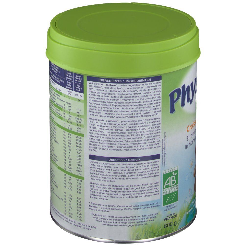 Dos de la boîte Physiolac Bio 3. Contient les ingrédients et le mode d'emploi. Couvercle vert.