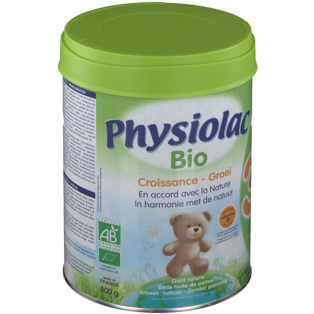 Boîte Physiolac Bio 3, vert et blanc. Inscription : Bio, Croissance - Groei. Label AB. Illustration d'un ours en peluche.