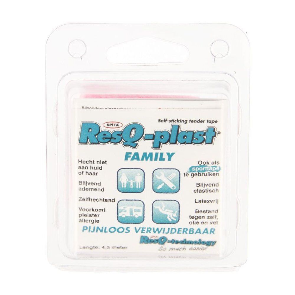 ResQ-plast Familia, emballé sous blister. Nom du produit et logos sur l'emballage. Plastique transparent.