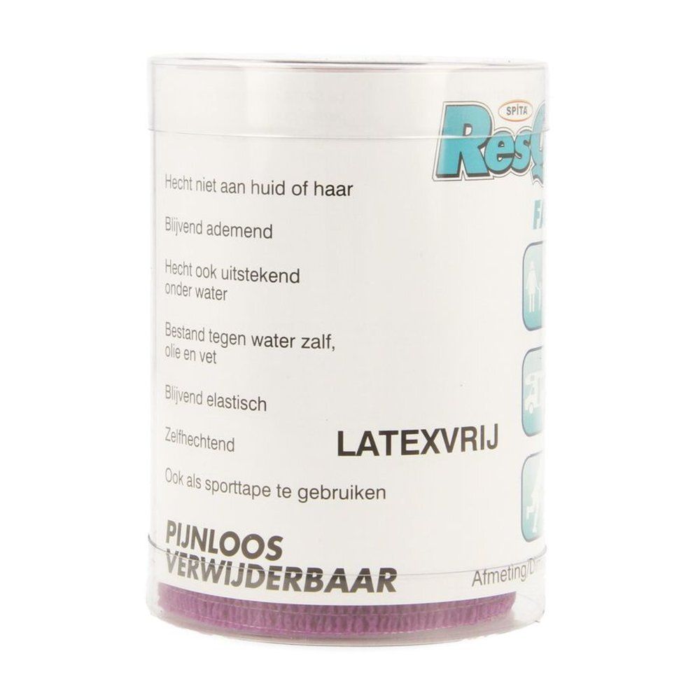 Cilindrische verpakking met paarse band. Tekst: Latexvrij, pijnloos verwijderbaar. Merk ResQ-plast.