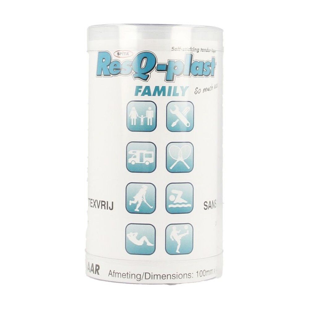 Emballage cylindrique avec nom du produit et pictogrammes. Inscription FAMILY. Emballage blanc avec impression bleue.