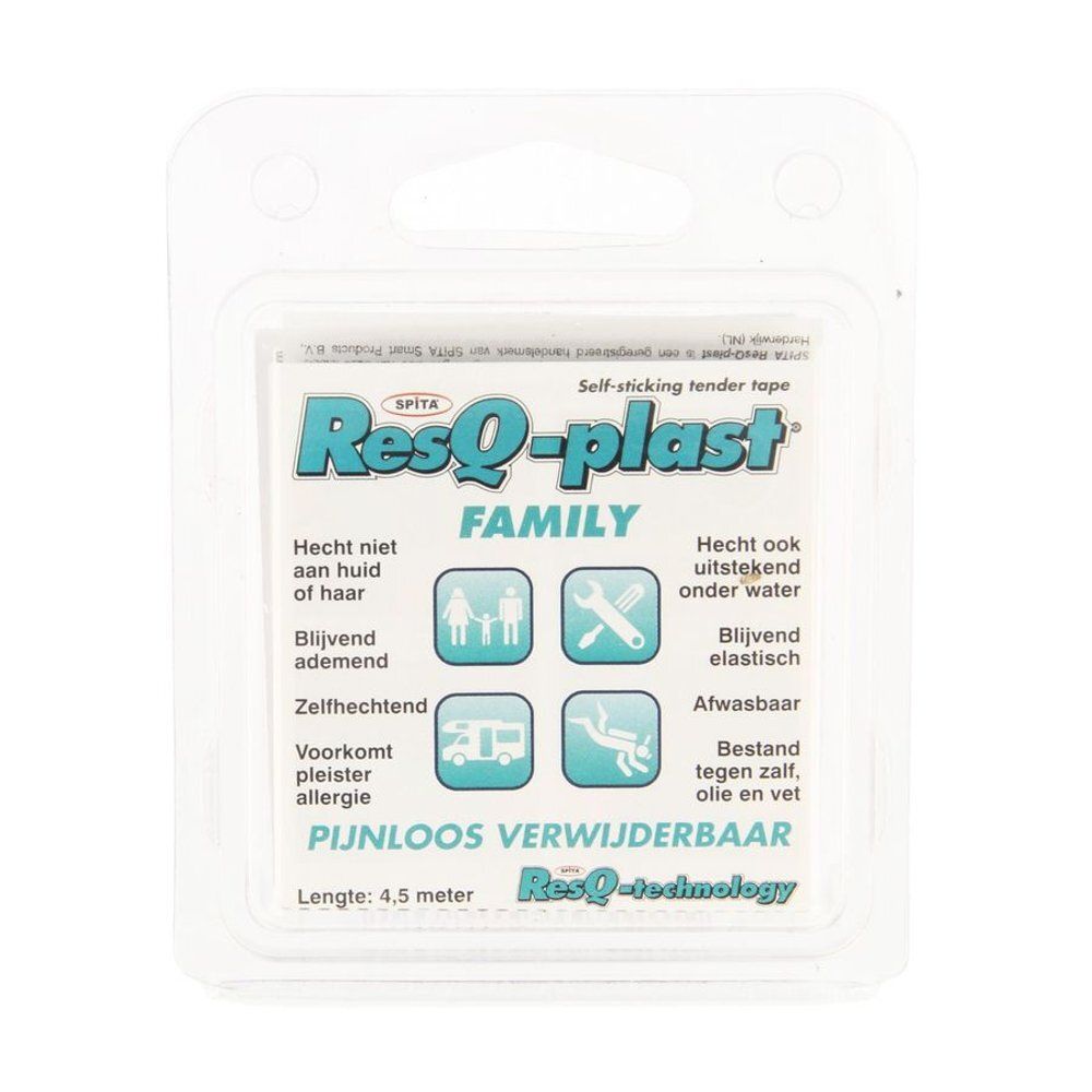 Verpakking ResQ-plast Family pleisters. Tekst: Pijnloos verwijderbaar, 4,5 meter. Iconen: familie, gereedschap, caravan, duiker.