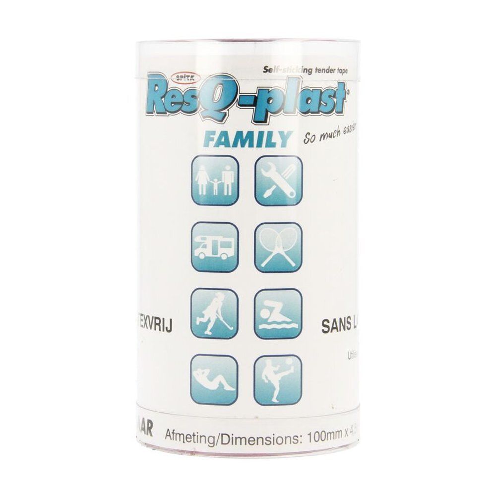Cilindrische verpakking met ResQ-plast FAMILY. Blauwe pictogrammen. Onderaan Afmeting/Dimensions.