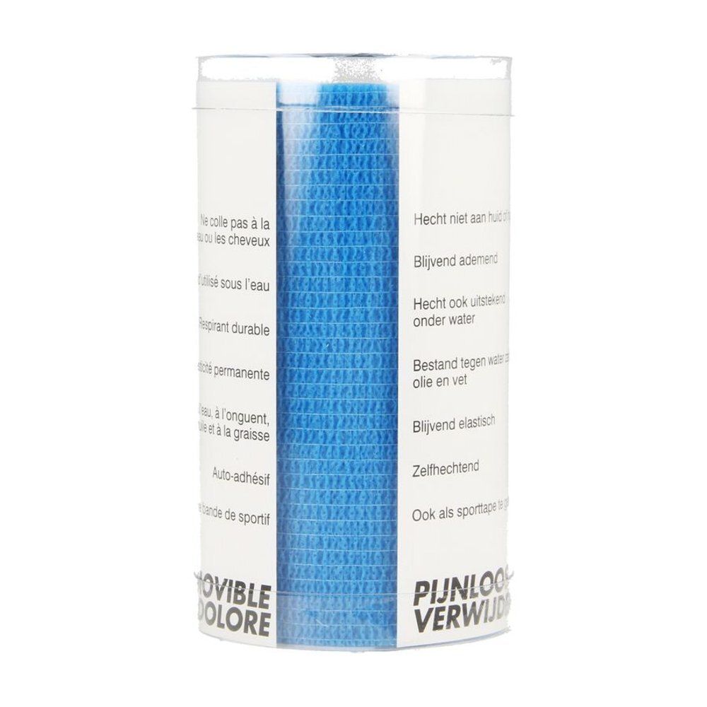 Rouleau de bandage bleu dans un emballage cylindrique transparent. Texte en français et néerlandais.