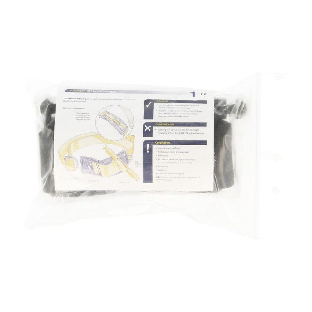 Medisch hulpmiddel verpakt in plastic. Bevat een zwarte band en geïllustreerde instructies. CE-markering.