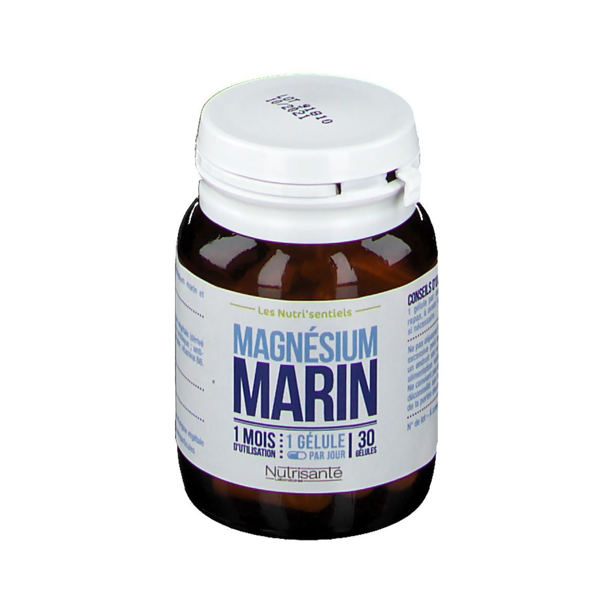 Bruine fles, witte dop. Opschrift: MAGNÉSIUM MARIN, 1 maand, 1 capsule per dag. Merk: Nutrisanté.