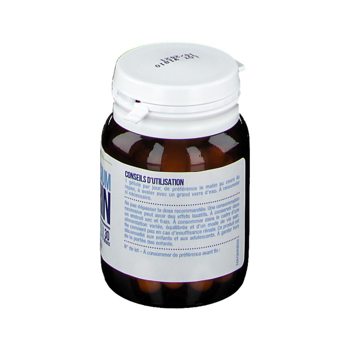 Bruine fles, witte dop. Tekst op achterkant. Capsules zichtbaar. Merk: Nutrisanté.