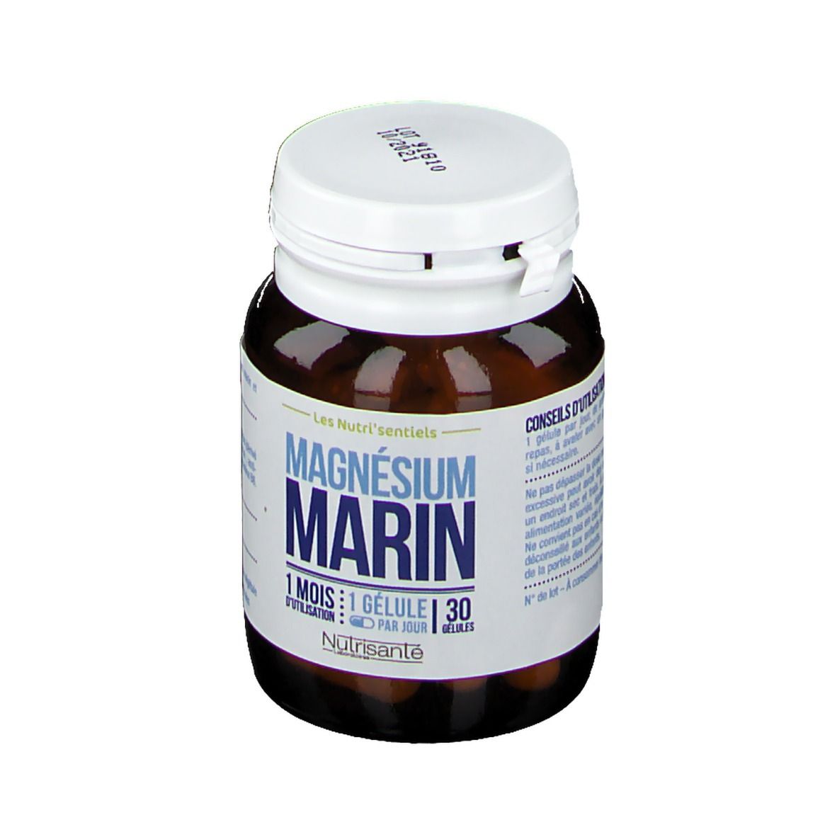 Bruine fles, witte dop. Opschrift: MAGNÉSIUM MARIN, 1 maand, 1 capsule per dag. Merk: Nutrisanté.