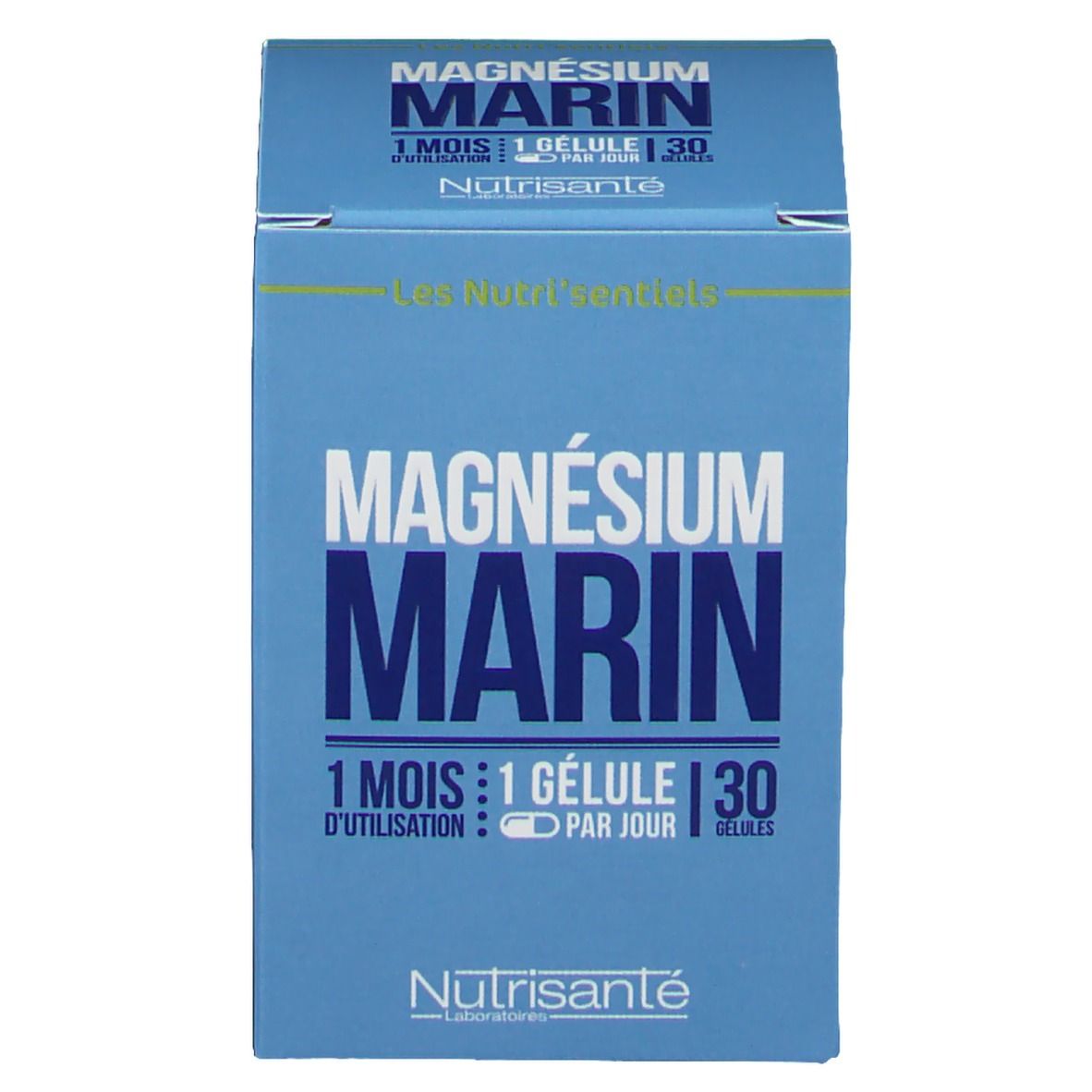 Blauwe productverpakking. Opschrift: MAGNÉSIUM MARIN, 1 maand, 1 capsule per dag. Merk: Nutrisanté.