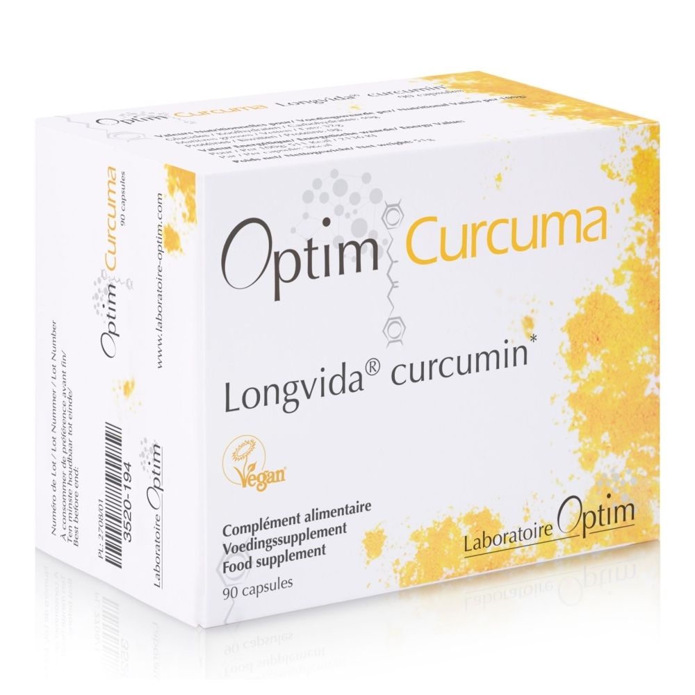 Optim Curcuma: verpakking met 90 capsules, glutenvrij en vegan.
