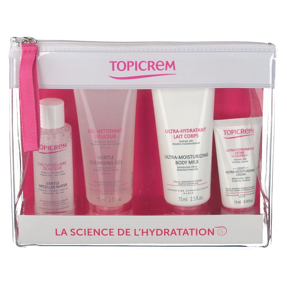 Trousse de voyage transparente Topicrem avec quatre produits. Contient gel nettoyant, lait corporel, crème et eau micellaire. Détails roses.