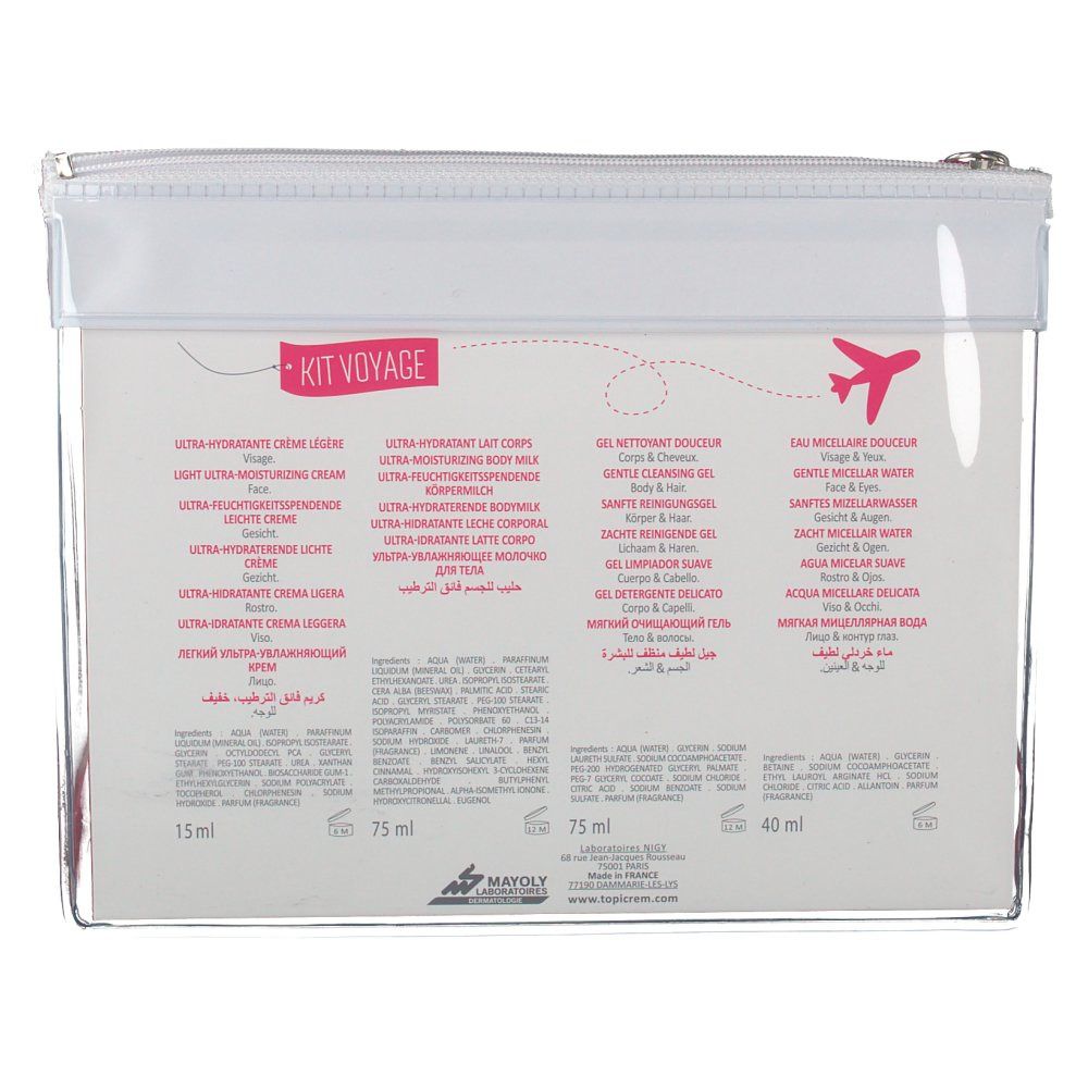 Dos de la trousse de voyage transparente Topicrem. Informations produit multilingues. Logo Kit Voyage et symbole avion.