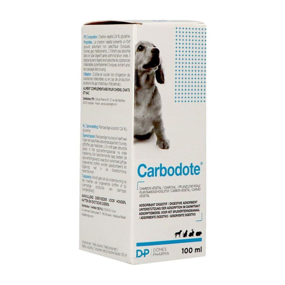 Fles bruine vloeistof met witte dop. Opschrift Carb, blauwe lijn, 100 ml.