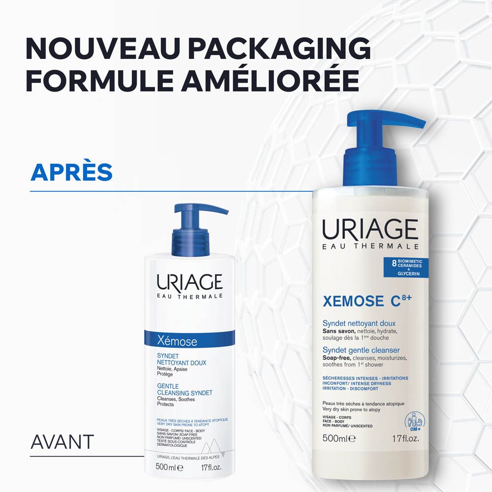 Comparaison avant-après : Uriage Xemose C+ Syndet, nouveau design d'emballage.