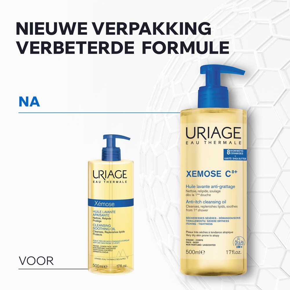 Uriage Xémose C+ Reinigingsolie. Fles met blauwe pomp. Tekst: Anti-jeuk reinigingsolie.