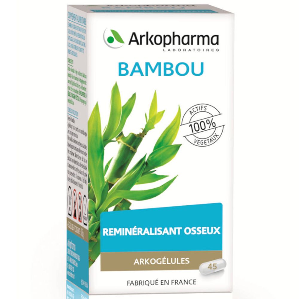 Doos Arkopharma Bambou. Opschrift: Reminéralisant osseux, 100% vegetal. Bevat 45 capsules.