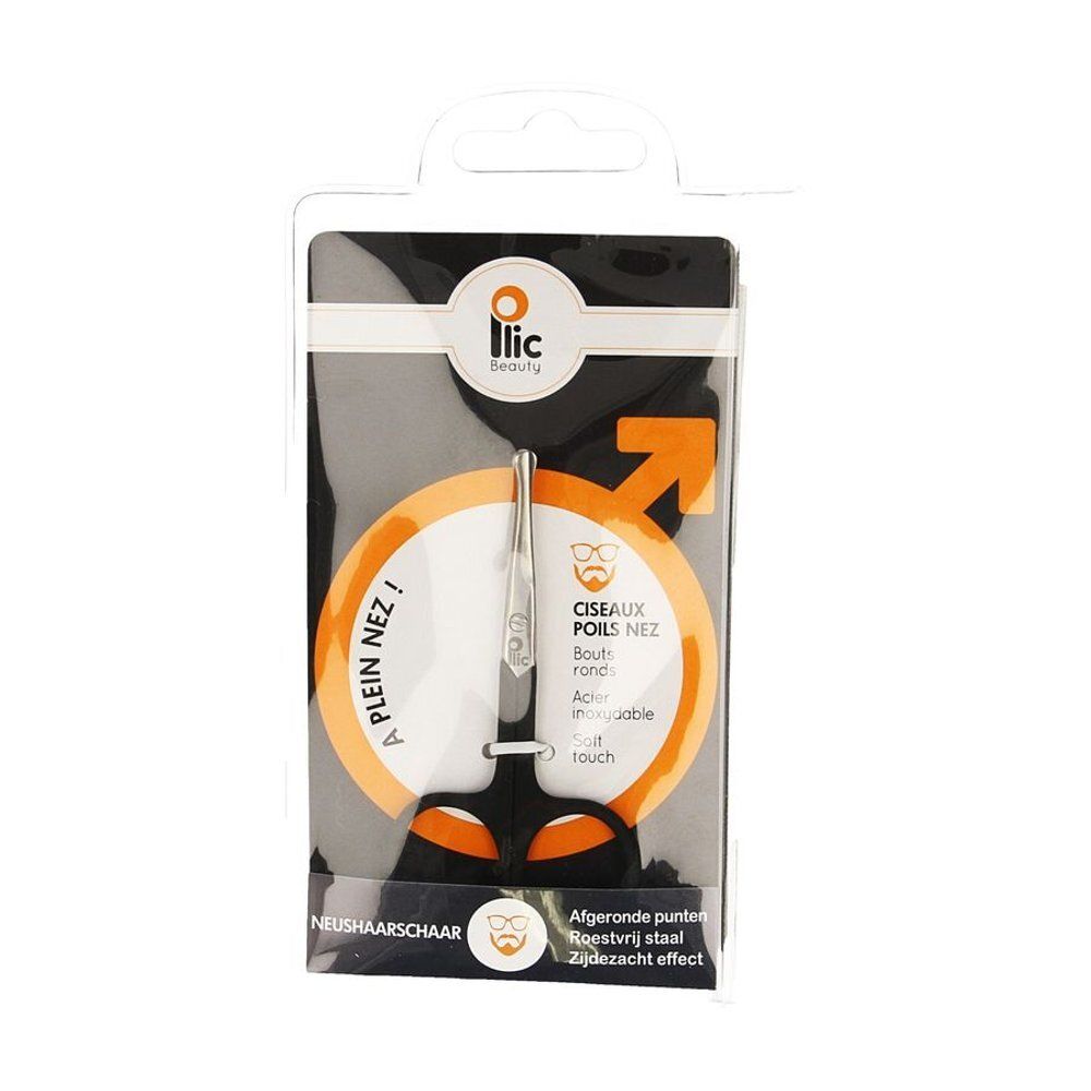 Neushaarschaar in verpakking. Zwarte handgreep, zilveren snijblad. Opschrift: Ilic Beauty, Ciseaux poils nez, A plein nez.