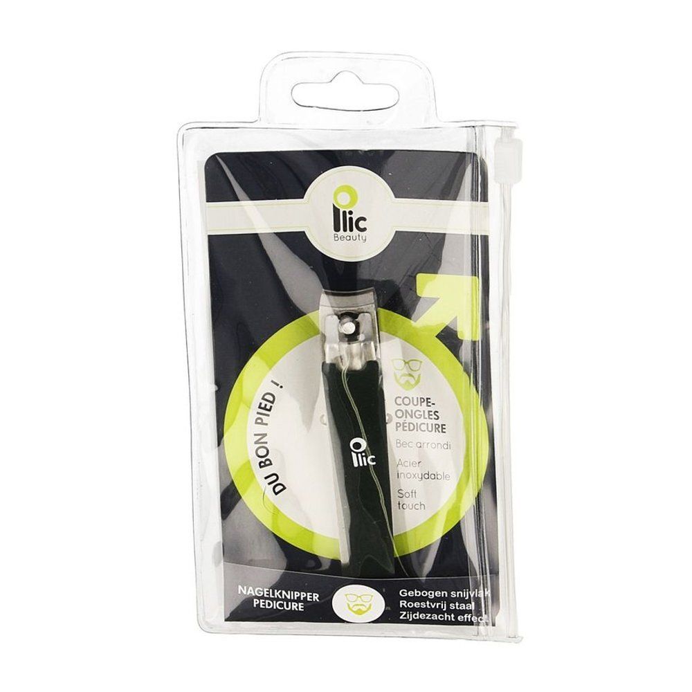 Pedicure nagelknipper in verpakking. Zwarte handgreep, zilveren snijkant. Merk Ilic. Tekst: Coupe-ongles pédicure.