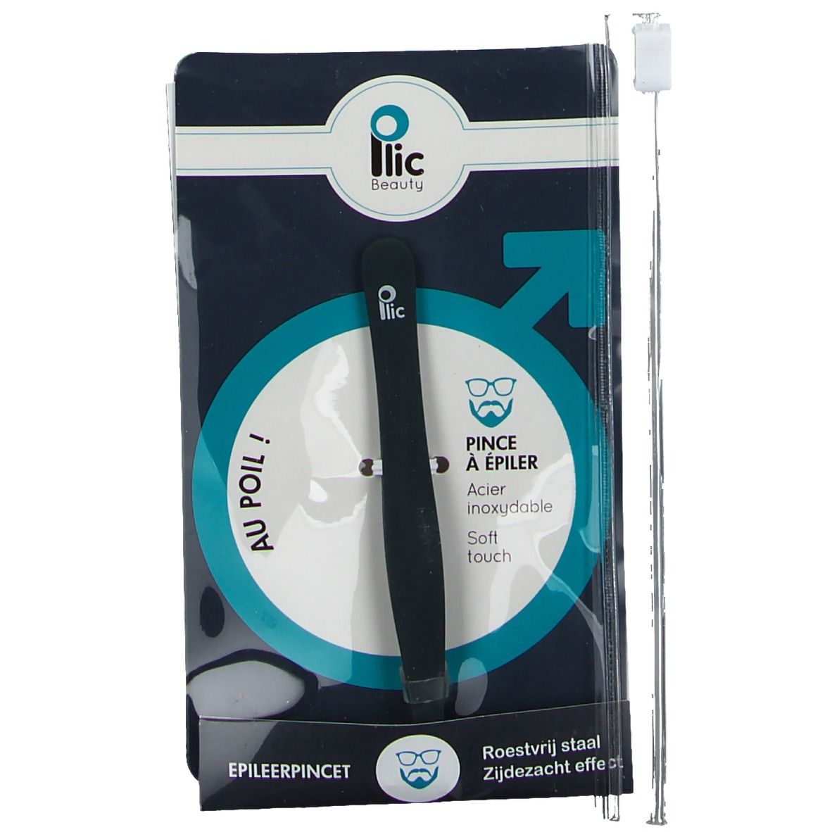 Zwarte pincet in verpakking. Opschrift: "Plic Beauty". Naast pincet: metalen staaf met witte opzet.