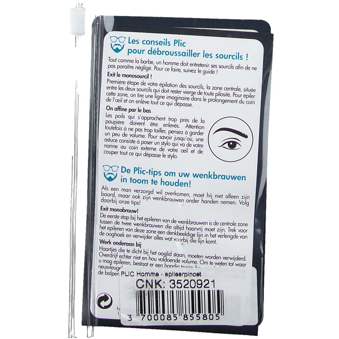 Achterkant van de verpakking met tekst. Bevat instructies en productinformatie. Metalen staven met witte opzet ernaast.