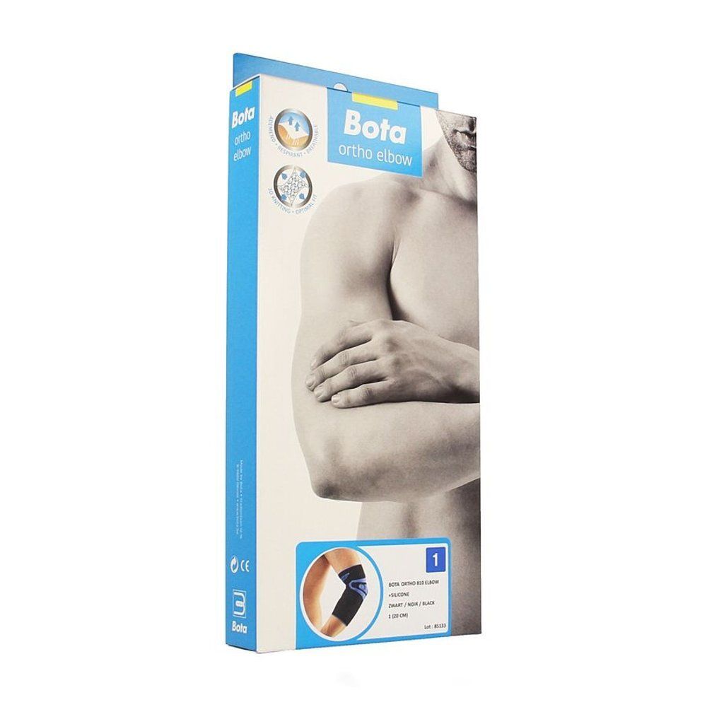 Verpakking van Bota Ortho Elbow. Illustratie van een arm. Blauw-witte verpakking met productafbeelding en productnaam.