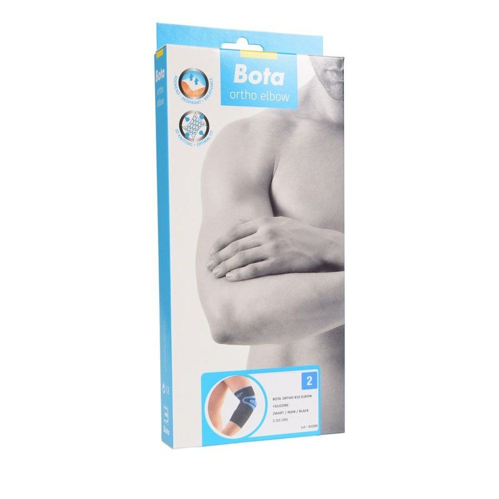 Verpakking van Bota Ortho Elbow. Blauw-witte doos met productafbeelding en tekst. Maat 2.