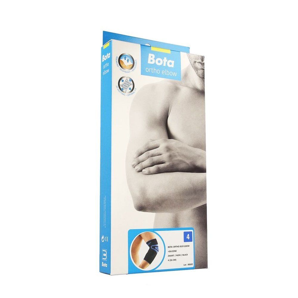 Verpakking van Bota Ortho Elleboog. Illustratie van een arm. Blauw-witte verpakking met productafbeelding en maatindicatie.