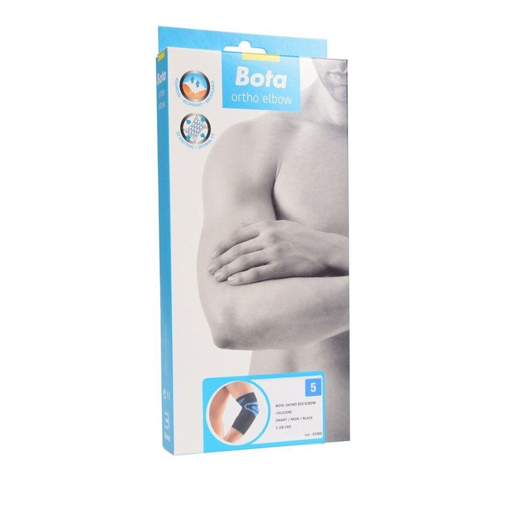 Emballage de l'orthèse de coude Bota. Illustration d'un bras. Nom du produit et taille 5 visibles.