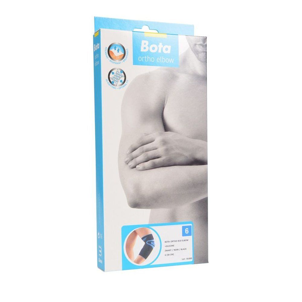 Verpakking van Bota Ortho Elbow. Illustratie van een arm. Blauw-witte verpakking met productafbeelding en maatindicatie.