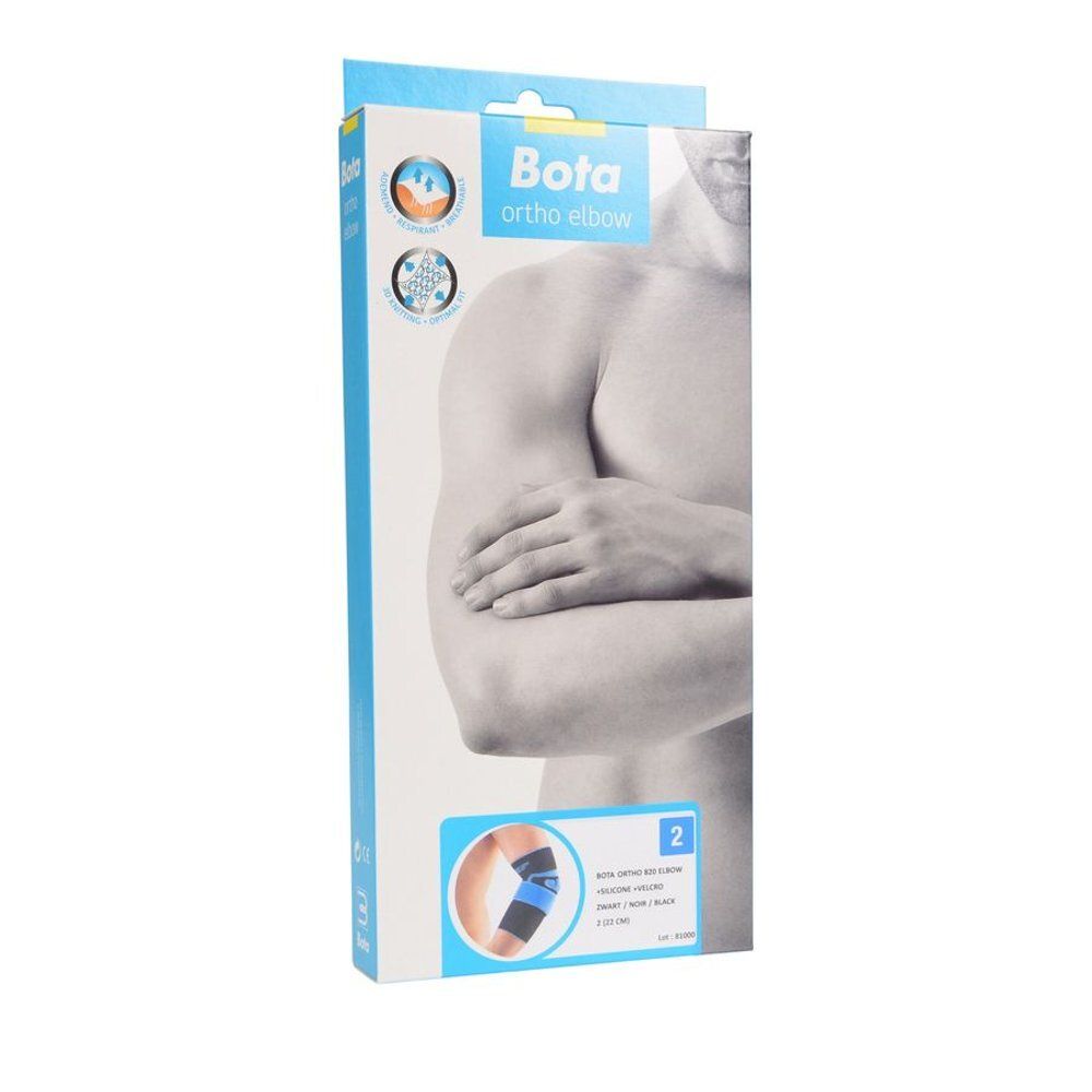 Emballage Bota Ortho Elbow. Illustration d'un bras. Détails bleus et blancs. Taille 2.