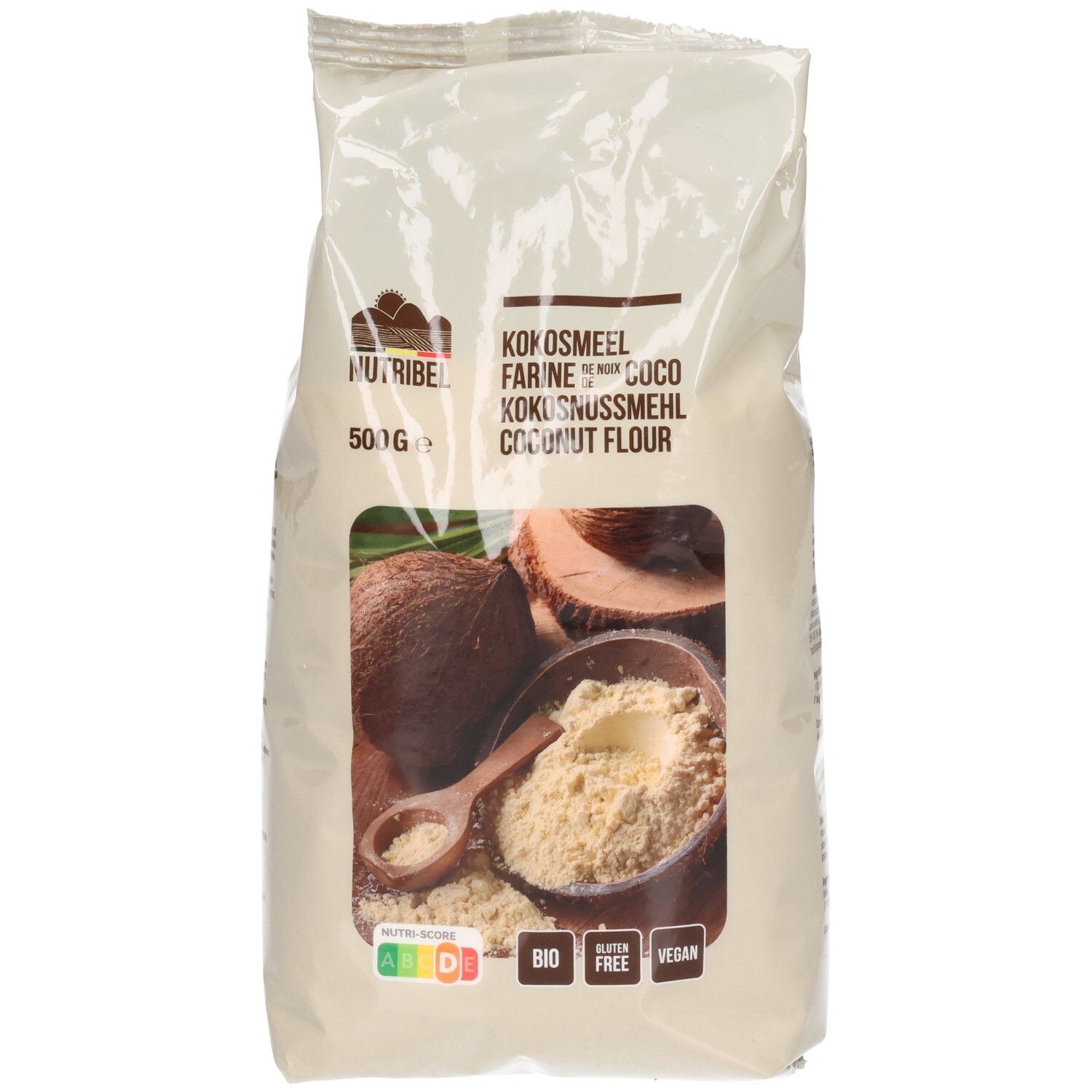 Zak kokosmeel. Opschriften: Nutribel, kokosmeel, 500g, bio, glutenvrij, vegan. Illustratie: kokosnoot, meel, lepel.