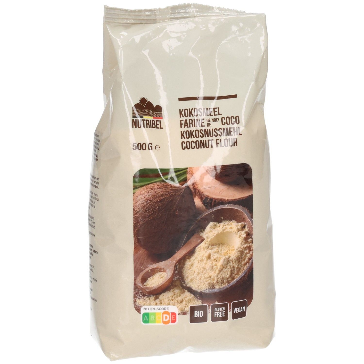 Zak kokosmeel. Opschriften: Nutribel, kokosmeel, 500g, bio, glutenvrij, vegan. Illustratie: kokosnoot, meel, lepel.