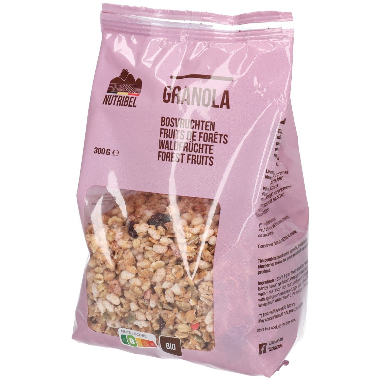 Paquet rose de granola. Fenêtre transparente montrant le muesli. Inscriptions: Nutribel, Granola, Fruits de forêts, 300g. Label bio.