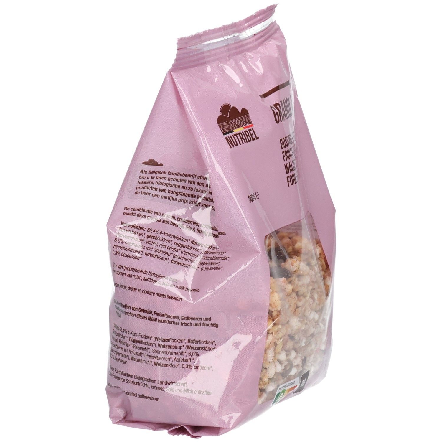Paquet rose, vue latérale. Inscriptions: Nutribel, Granola. Visible: liste des ingrédients, informations nutritionnelles. Label bio.