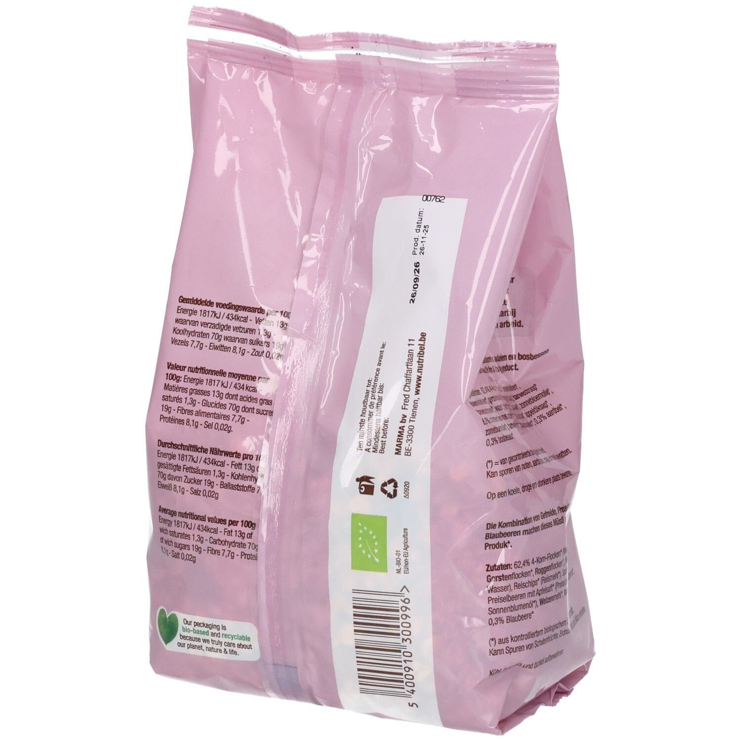 Dos du paquet rose. Contient informations nutritionnelles et liste des ingrédients. Label bio et code-barres.