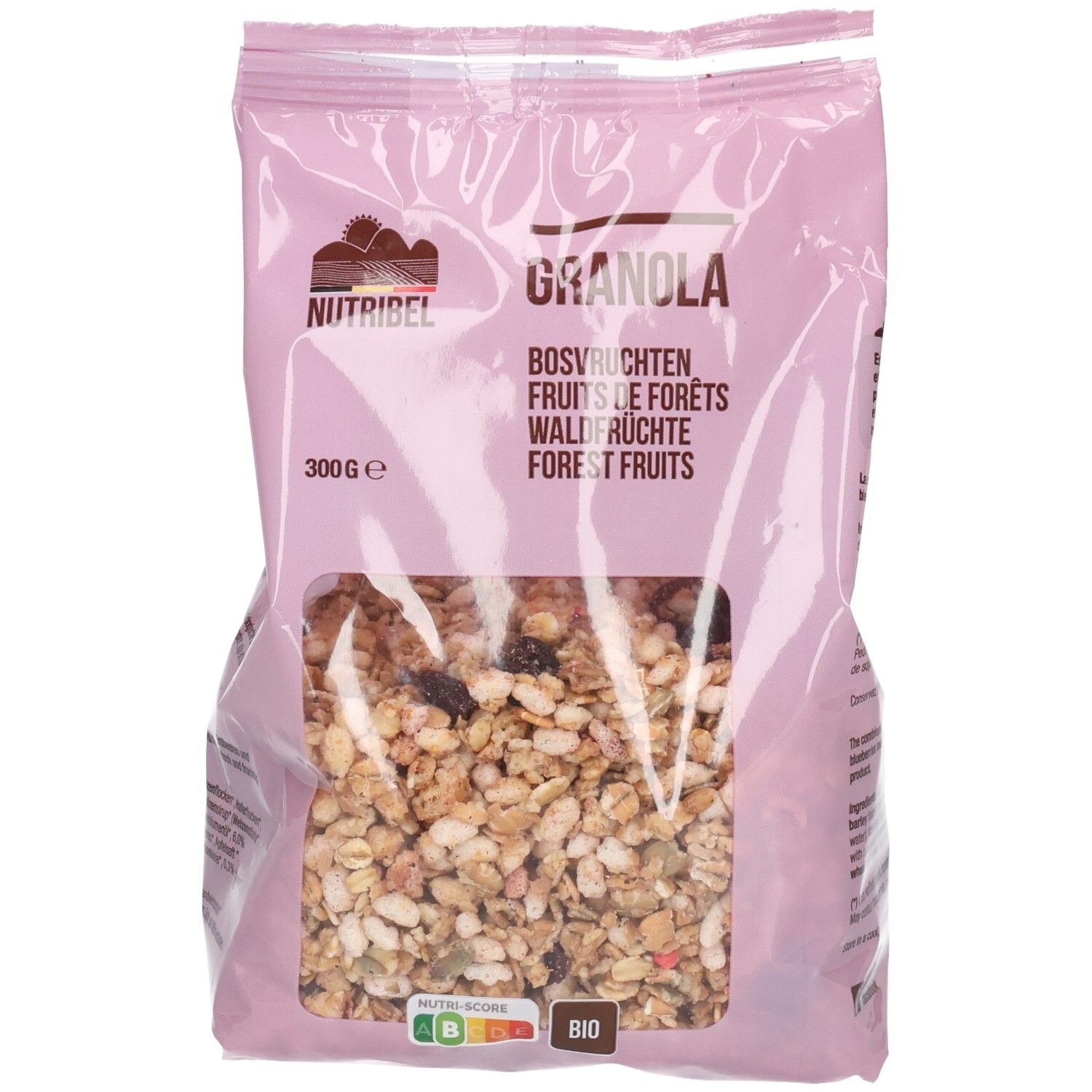 Paquet rose de granola. Fenêtre transparente montrant le muesli. Inscriptions: Nutribel, Granola, Fruits de forêts, 300g. Label bio.
