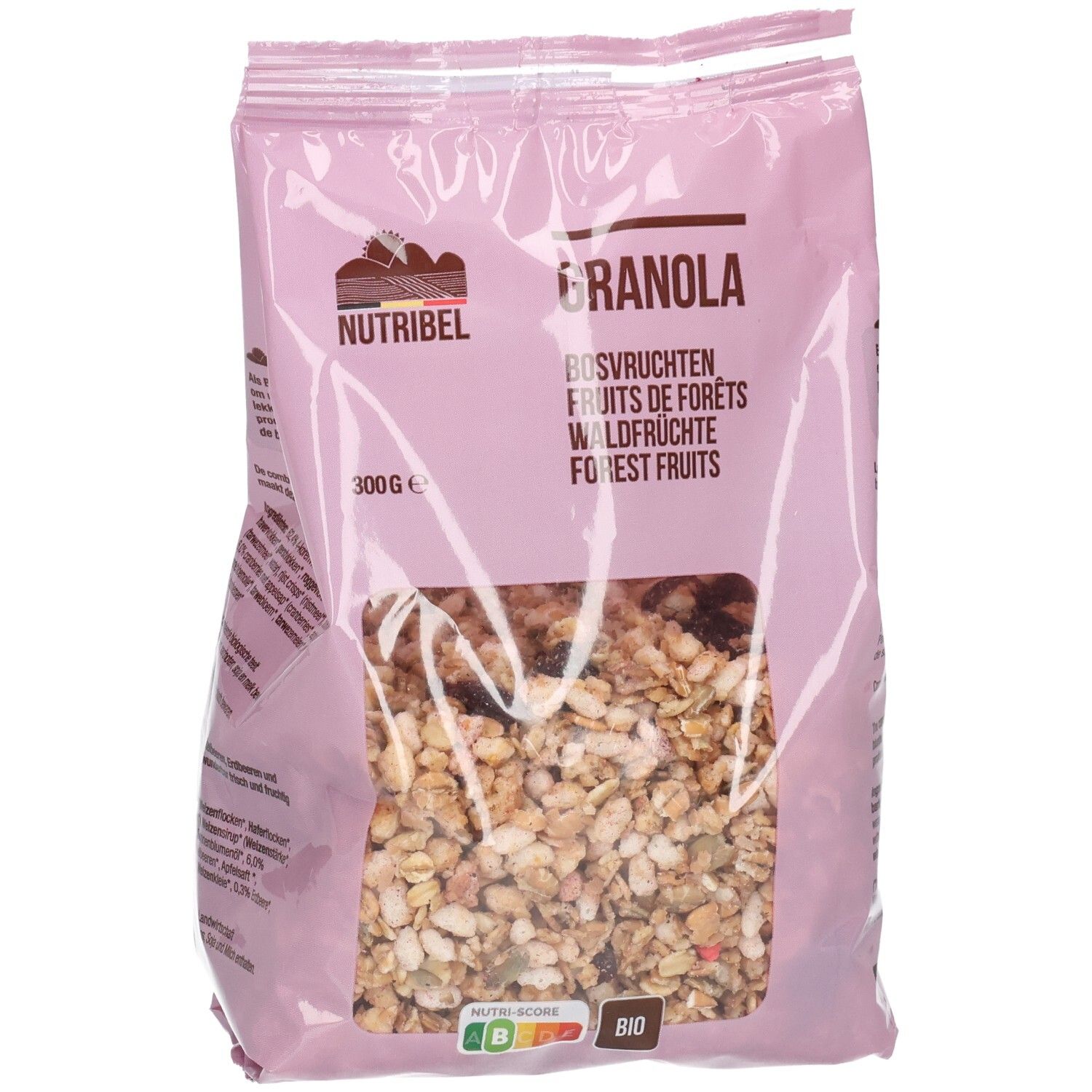 Paquet rose de granola. Fenêtre transparente montrant le muesli. Inscriptions: Nutribel, Granola, Fruits de forêts, 300g. Label bio.