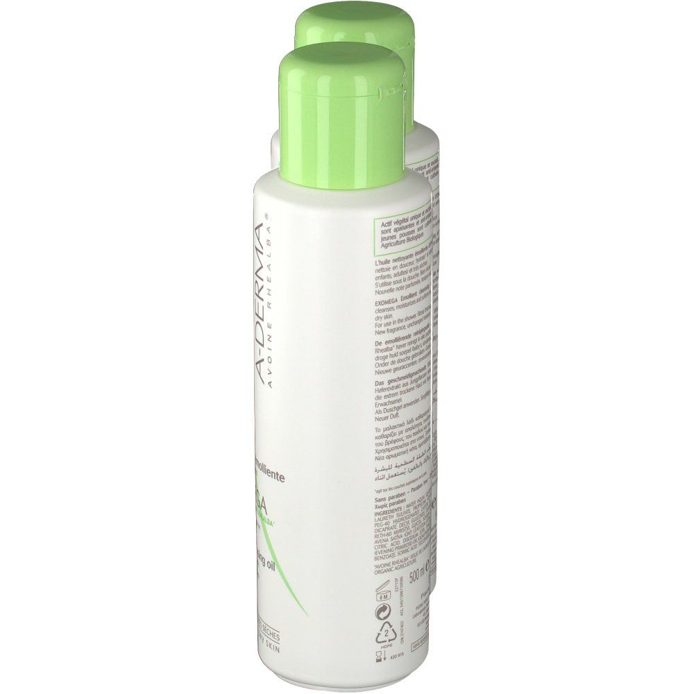 Twee flessen A-Derma EXOMEGA Duo Aceite Limpiador Emoliente. Zijaanzicht. Witte flessen met groene doppen. Tekst op de fles.