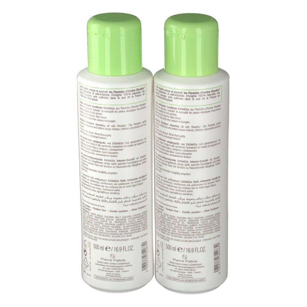 Twee flessen A-Derma EXOMEGA Duo Aceite Limpiador Emoliente. Achteraanzicht. Witte flessen met groene doppen. Tekst op de achterkant.