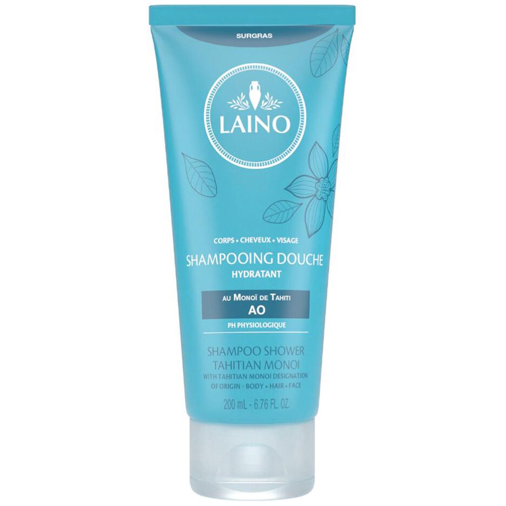 Turquoise blauwe tube met wit etiket. Tekst: LAINO, Shampooing Douche Hydratant, Au Monoï de Tahiti AO. Voor lichaam, haar, gezicht.