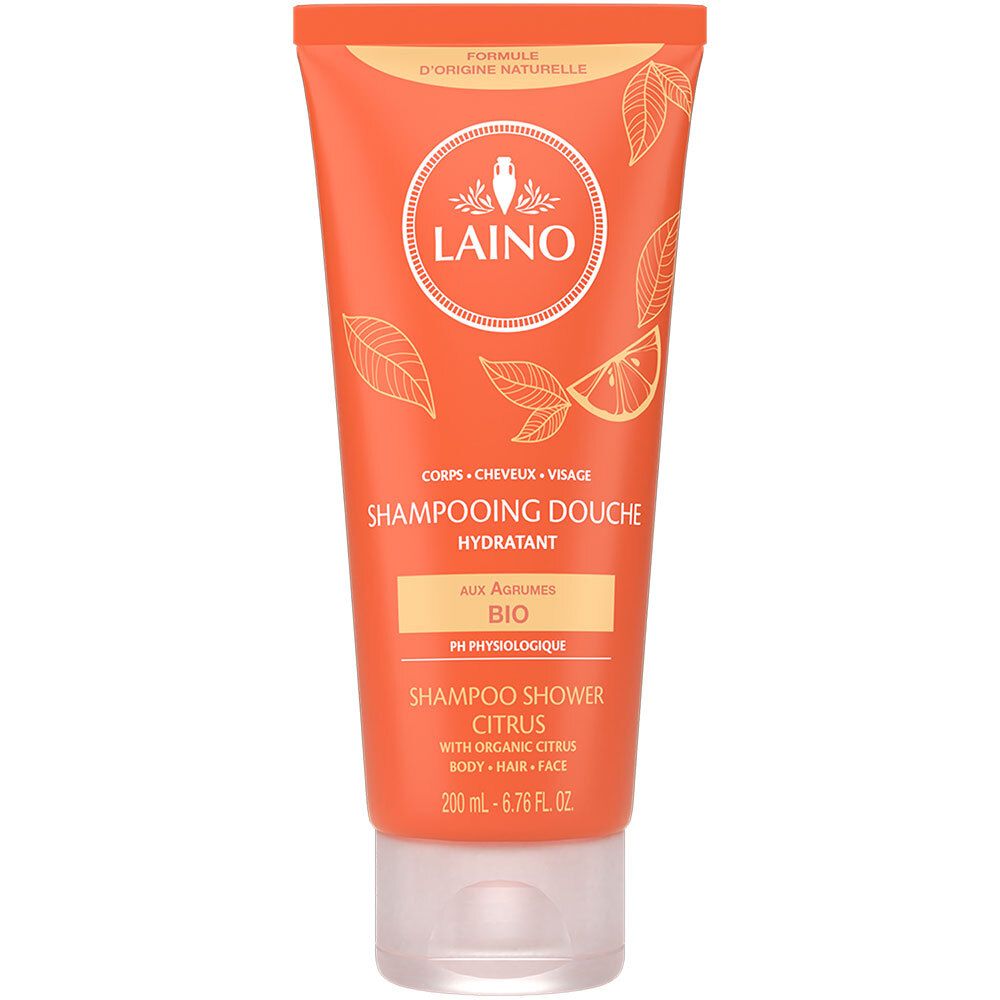 Oranje tube met LAINO-logo en tekst. "Shampooing Douche Hydratant" en "Citrus" zichtbaar. Bio-certificering. Citrus extracten.