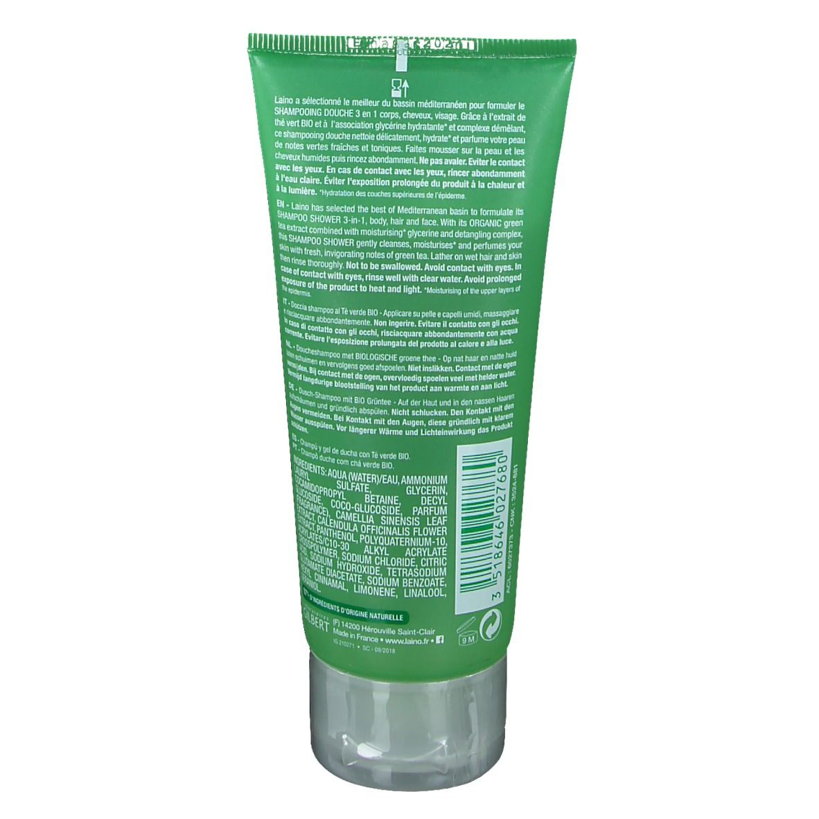 Dos du tube vert. Texte avec ingrédients et informations. Fermeture transparente.