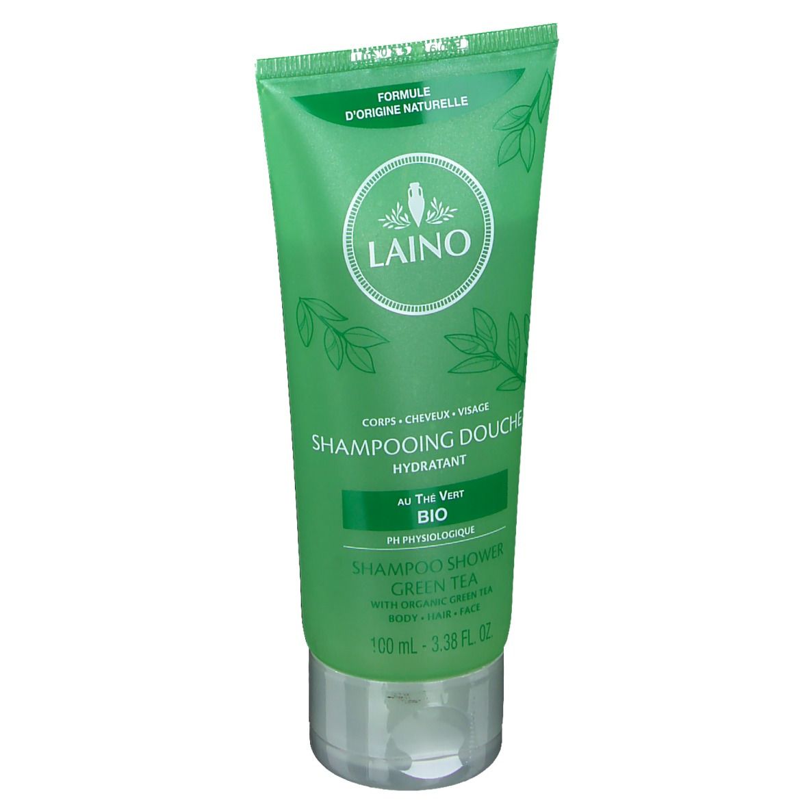 Tube vert avec logo LAINO et inscription 'Shampooing Douche'. Contient du thé vert. Certification Bio.