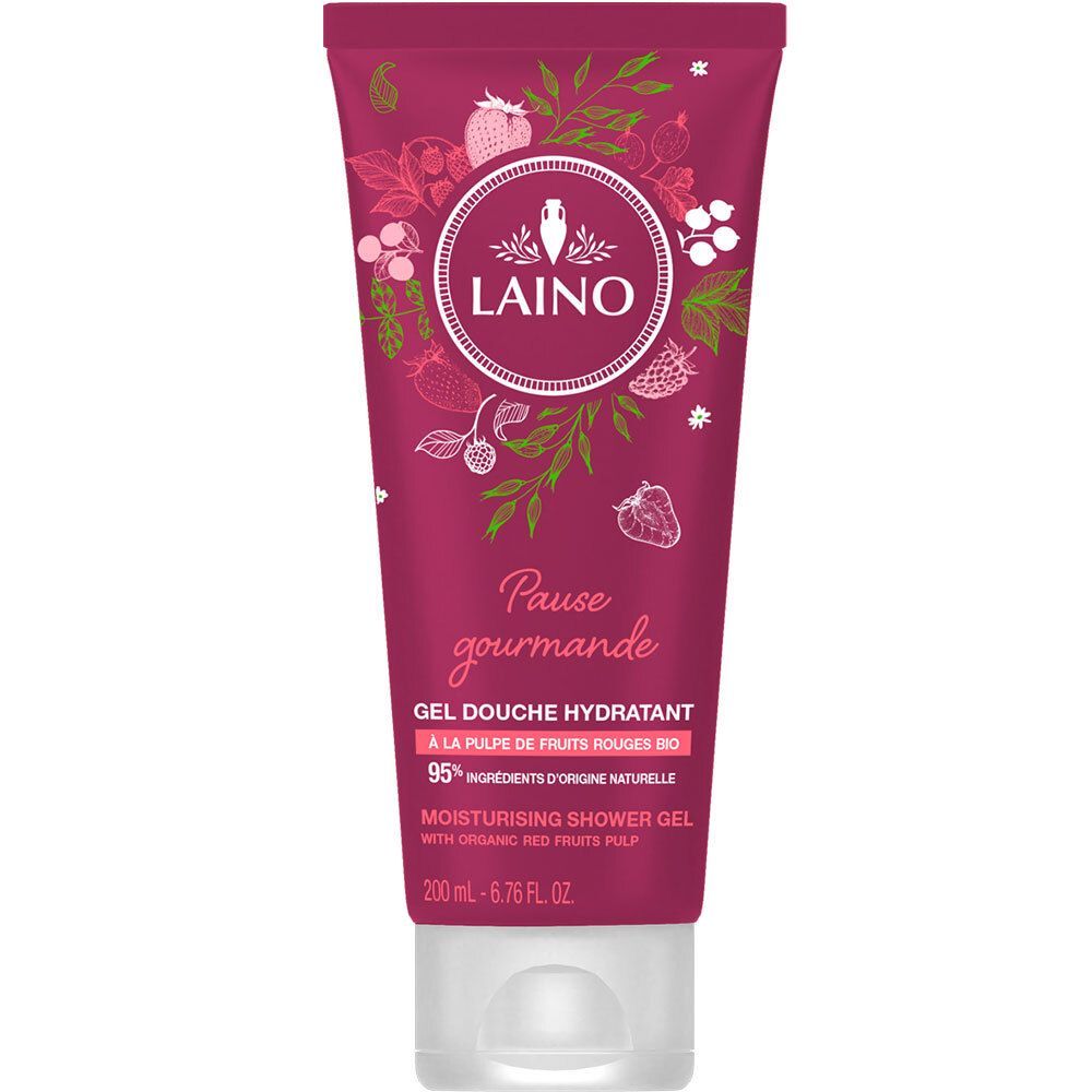 Tube de gel douche rouge. Marque "LAINO". Texte: "Pause gourmande", "GEL DOUCHE HYDRATANT". Contient 95% d'ingrédients d'origine naturelle.