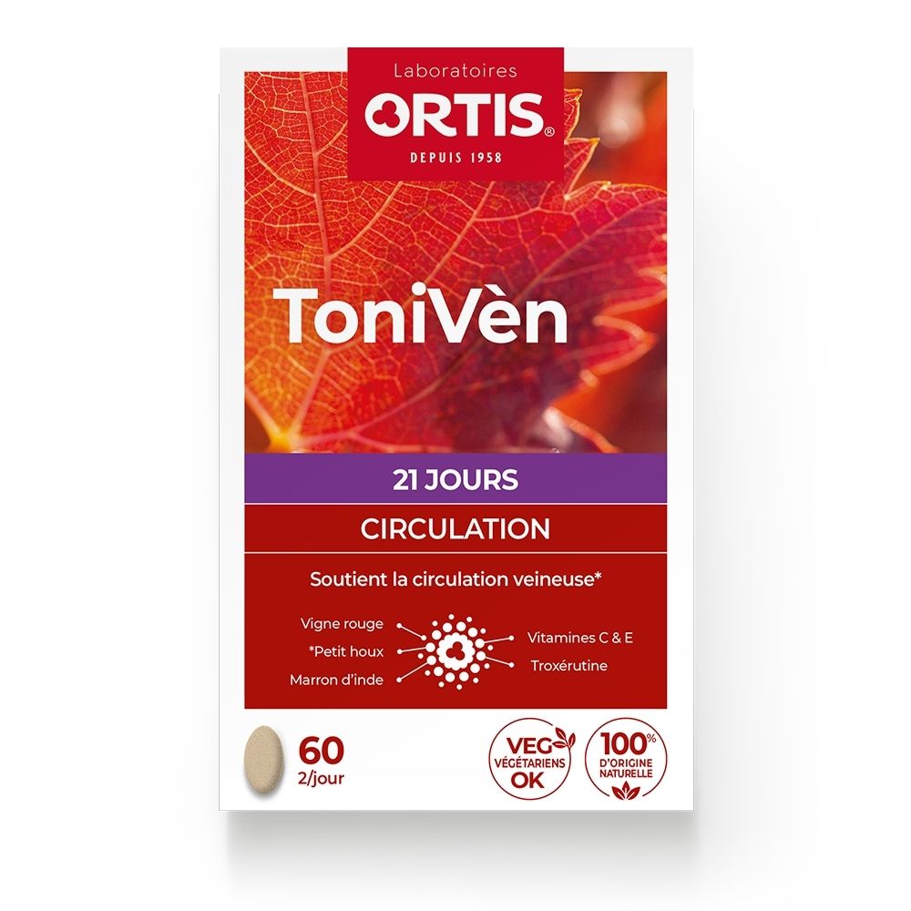 Ortis Tonivèn: 60 gélules pour les veines. Contient des extraits de plantes et vitamines.