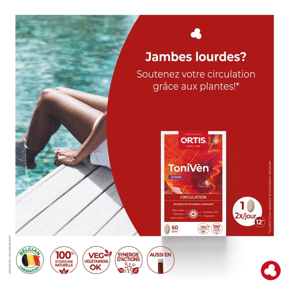 Ortis Tonivèn: 60 gélules pour les veines. Contient des extraits de plantes et vitamines.