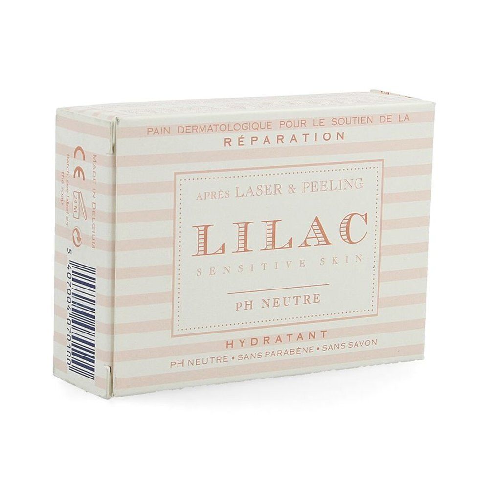 LILAC verpakking, tekst: Pour le soutien de la réparation. Après Laser & Peeling, Sensitive Skin, PH Neutre, Hydratant. Zonder zeep.