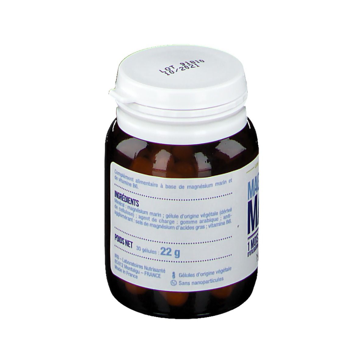 Bruine fles, witte dop. Opschrift: Ingrediënten, nettogewicht 22g. Merk: Nutrisanté.